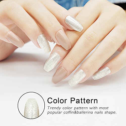 False Nails Coffin Shape with Designs Glitter 24 Pieces Full Cover Ballerina Girls Fake Nails