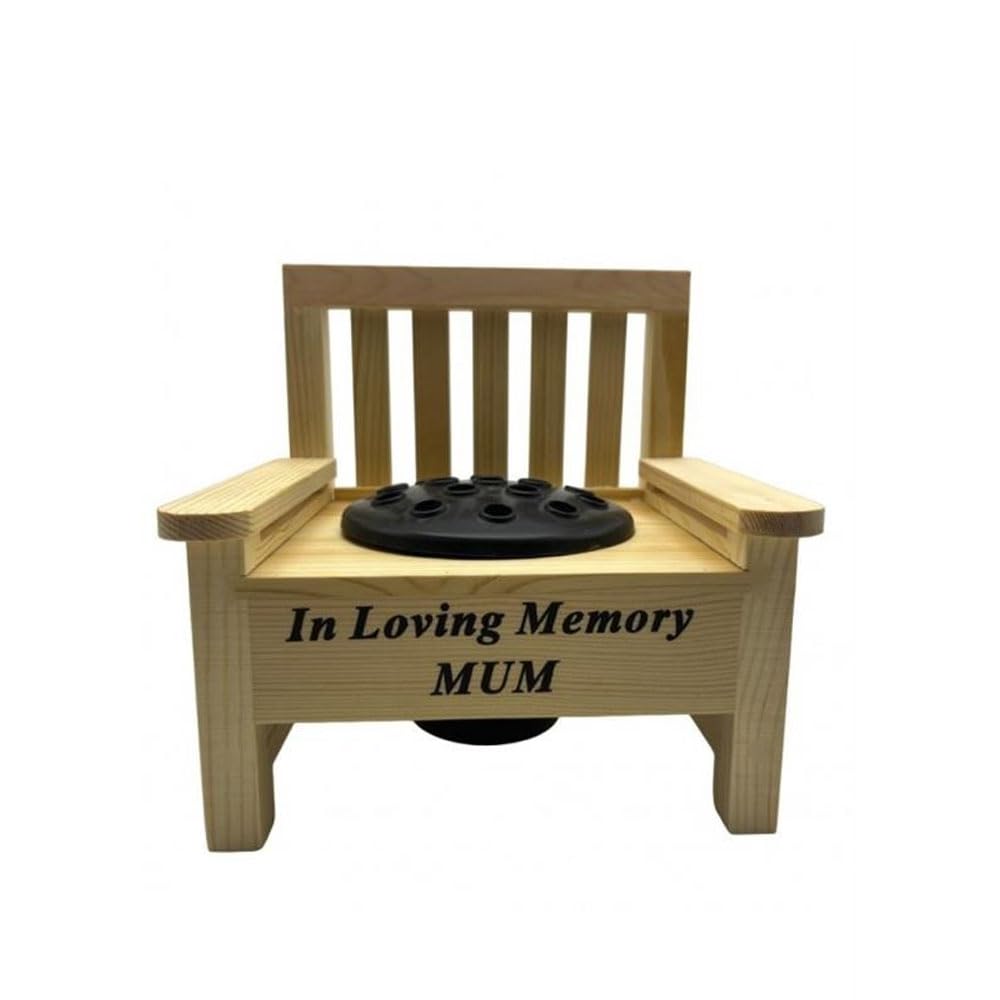 shopior In Loving Memory Mini Wooden Memorial Bench with Flower Holder – Graveside Ornament with Black Plastic Insert Pot – Outdoor Memorial Grave Decoration | Sympathy Tribute Gift 22cm (Mum) — image 1