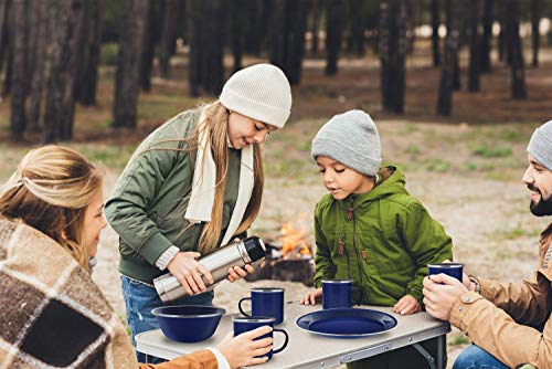 Camping Dinnerware 4-Person Set, 12 Items - 4 ea of 24 oz Mugs 6\" Bowls & 10\" Plates Metal w/ Blue Enamel Finish