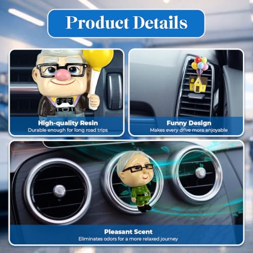 Image of GENANY 3D Anniversary Love Car Air Freshener Vent Clip, Hand Painted Heartwarming Elderly Figure Design with Colorful Balloons, Family Memory Automotive Freshener, Anniversary Car Accessories Gift