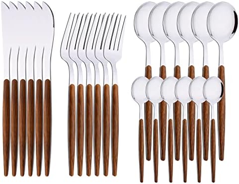 24-Piece Silverware Set for 6, Silver Mirror Polished Stainless Steel Flatware Set, Wooden Effect Handle Utensil Set for Home Hotel Restaurant, Family Cutlery Set Include Knife Fork Spoon