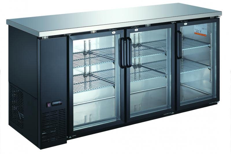 THREE (3) GLASS DOOR BACK BAR COOLER by Omcan – large, 19.6 cubic_feet, Glass, black, Model 59062
