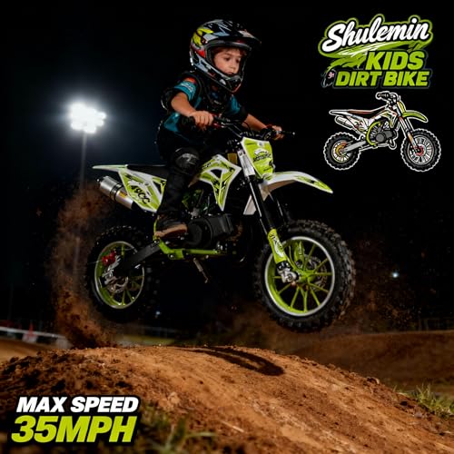 Image of 50CC Kids Dirt Bike,2-Stroke Gas Powered Mini Dirt Bike for Kids Up to 35 MPH Off-Road Motorcycle with 10-Inch Tires Disc Brakes 330LBS Max Load Pull Start Gift for Boys Girls Youth 8-14 (GREEN2 2026)