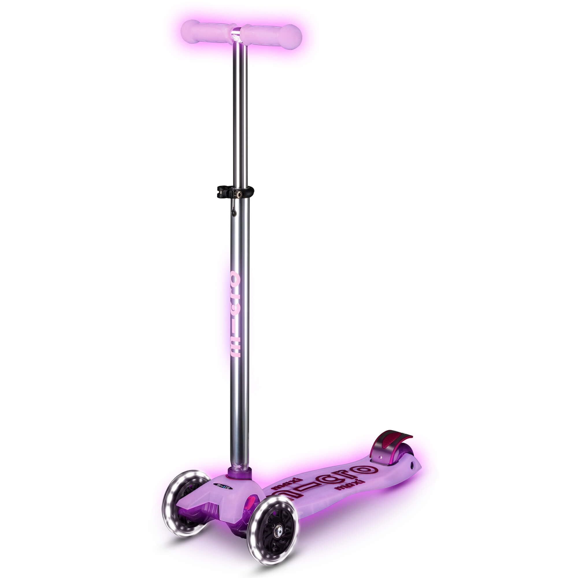 Micro Scooter | Maxi Micro Glow LED Kids Scooters | 5 to 12 Years | Boys & Girls | Lean-To-Steer | Handlebar Adjustable & UV Light Features | Light Up LED Wheels | 50kg Weight Limit | Bright Purple