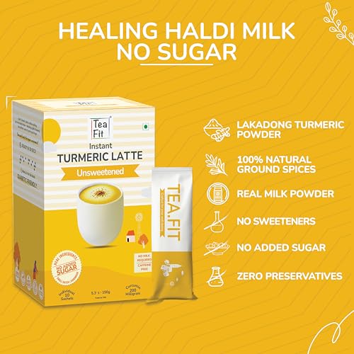 Image of TeaFit NO SUGAR Instant Turmeric Latte | Healing Haldi Doodh | 100 Sachets (1500gm) + Spoon | Get Good Sleep | Ayurvedic Remedy | Diabetic-Friendly | With Lakdadong Turmeric