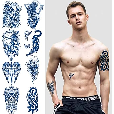 Aresvns Semi-Permanent Tattoos for Men, Realistic Temporary Tattoos Waterproof & Long-Lasting 2-3 Weeks,Lifelike Dark Blue Fake Tattoo Stickers 8 Sheets Cover