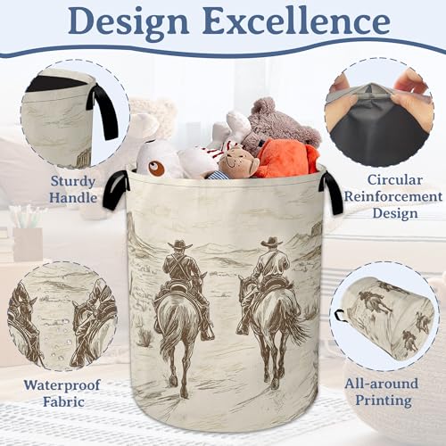 Image of Western Cowboy Laundry Hamper With Handle,Foldable Oxford Cloth Horse Desert Laundry Basket,20.8 inchx16 inch Clothes Storage Basket for Laundry Room /Bedroom /Bathroom