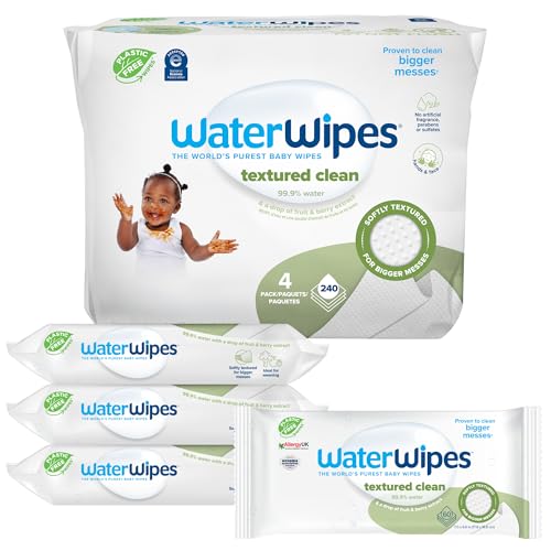 Image of WaterWipes Plastic-Free Textured Clean, Toddler & Baby Wipes, 99.9% Water Based Wipes, Unscented & Hypoallergenic for Sensitive Skin, 60 Count (Pack of 4), Packaging May Vary