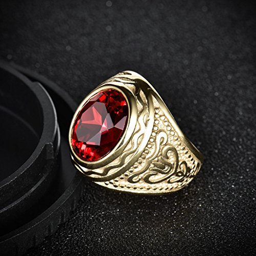 MASOP Lunxury Engraved Stainless Steel Mens Ring Red Synthetic Ruby Crystal Gold Color Wedding Band Rings4