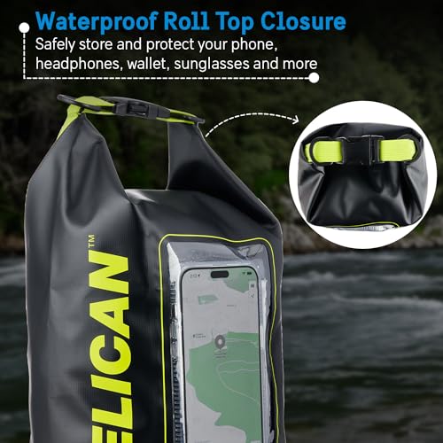 Image of Pelican Marine IP68 Waterproof Dry Bag 5L w /Phone Pouch /Case - Black /Yellow | Roll Top Waterproof Backpack with Touchscreen Phone Pouch - Swimming, Kayaking, Camping, Rafting, Fishing & Travel Essentials
