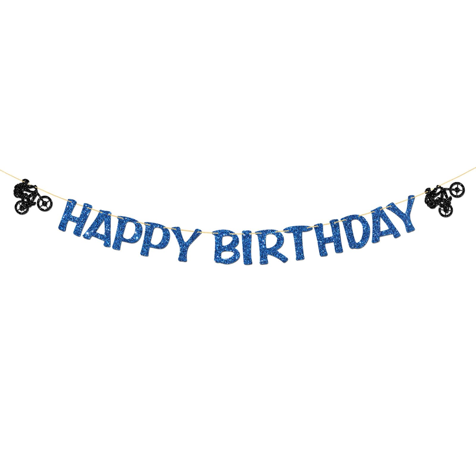 Bicycle Happy Birthday Banner - Sport Themed Bike Enthusiast Party Garland Supplies - Boy Girl Kid Adult Birthday - Sport Adventure Party Decorations - Blue Glitter