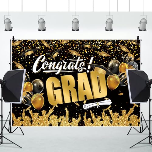 DASHAN 7x5ft Congrats Grad Class of 2026 Backdrop Black Gold Graduation Backdrop for Photography Graduation Banner Party Decorations with Balloons Background Cake Table Decor Photo Booth Props - image 6