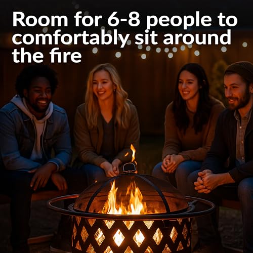 Sunnydaze Crossweave Outdoor Fire Pit - Wood-Burning Fire Pit for Outside with Spark Screen, Poker and Round Cover - Steel Patio Firepit for Backyard, Deck, Porch - 30-Inch - Bronze - Image 3