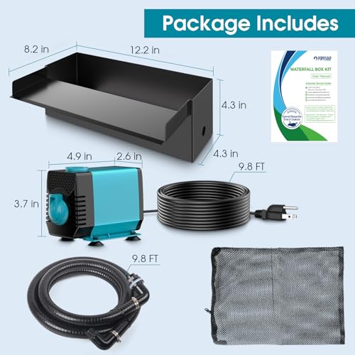 POPOSOAP Pond Waterfall with Pump Kit, 304 Stainless Steel Waterfall Spillway with 40W 660GPH Pump, Pond Spillway with 9.8FT Corrugated Tubing for Garden (12inch)-P43