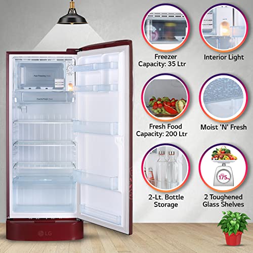 Image of LG 235 L 5 Star Inverter Direct-Cool Single Door Refrigerator Appliance (GL-D241ARRZ, Ruby Regal, Base stand with drawer & Smart connect, 2022 Model)