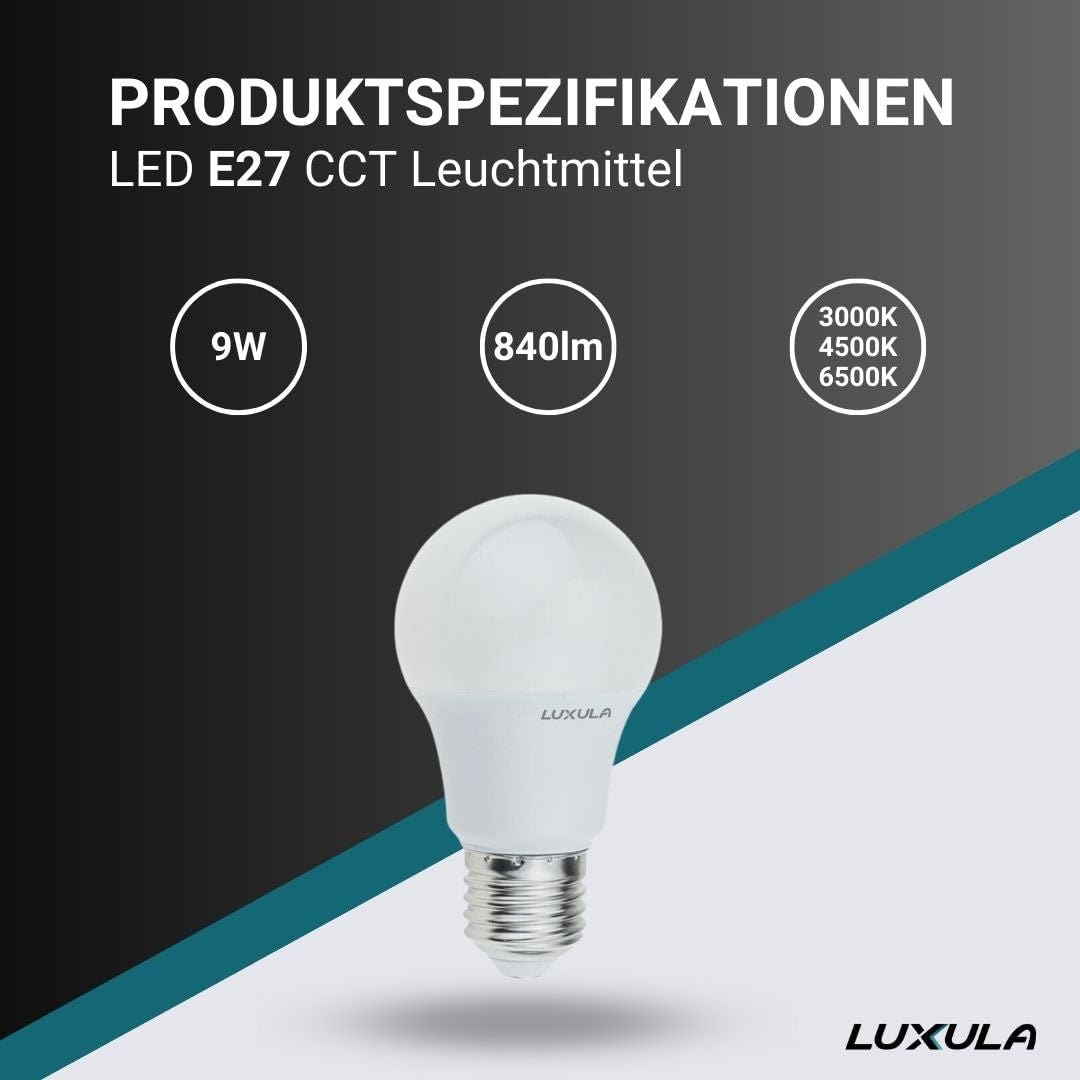 LUXULA LED Leuchtmittel E27 A60 20 Stück - CCT Lampe mit Schalter 3000K/4500K/6500K - 9W 840lm - Birne warmweiß bis kaltweiß - Glühbirne Ersatz 60W - energiesparend für Deckenleuchte, Stehlampe