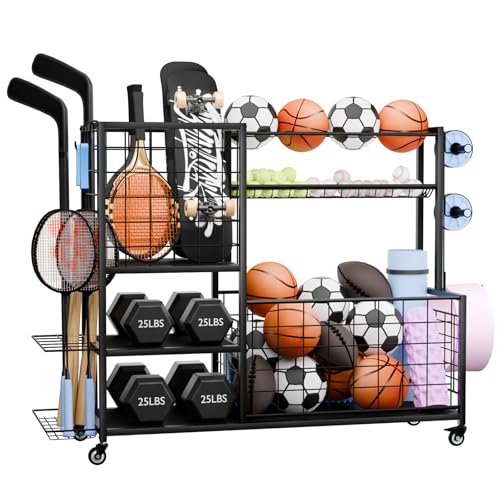 XL Garage Sports Equipment Organizer, Ball Storage Rack with Whee...