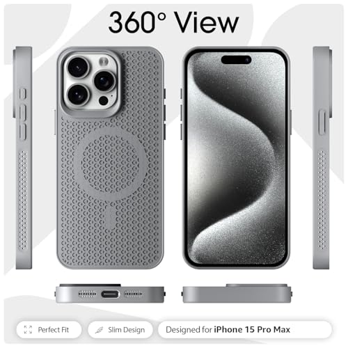 Image of Pikkme Back Cover for iPhone 15 Pro Max | Honeycomb Cooling Design | Silicone Heat Dissipation | Mag-Safe Compatible | Shockproof Camera Protection Bumper Case (Grey)