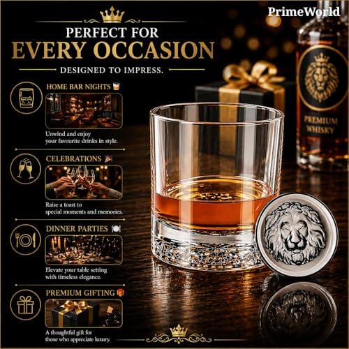 Image of PrimeWorld Lion European Crystal Whiskey Glasses Set of 6 pcs- 300 ml Bar Glass for Drinking Bourbon, Whisky, Scotch, Cocktails, Cognac- Old Fashioned Cocktail Tumblers