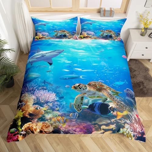 Erosebridal Sea Turtle Duvet Cover Twin Shark Bedding Set,Ocean Animals Fishes Quilt Cover,Tortoise and Rainbow Color Coral Printed Home Textiles Comforter Cover for Teens Boys Girls,with Zi