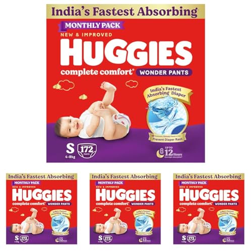 Image of Huggies Complete Comfort Wonder Pants | Pant Style Baby Diapers Small Size (S), 172 Count | India's Fastest Absorbing Diaper, Prevents Diaper Rash, Ideal for 4 to 8 Kgs (86 Count, Pack of 8)