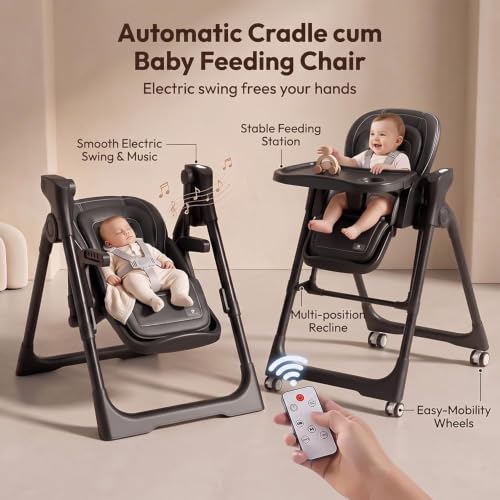 Image of StarAndDaisy Galaxy 2-in-1 Rocking Baby High Chair | Adjustable Feeding & Dining Chair for Boys & Girls with 4-Level Recline, Height Adjustment, Locking Wheels & 5-Point Safety Harness (White)