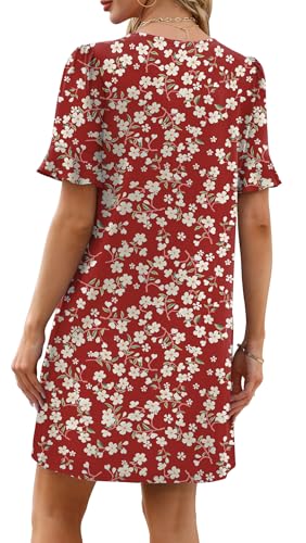 Image of OFEEFAN Summer Dresses for Women Ruffle Short Sleeve V Neck Casual Shift Dress with Pockets
