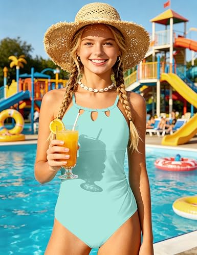 Image of KANGKANG Girls Swimsuit Quick Dry Cut Out One Piece Swimsuits with Tropical Print Cover Up Skirt Bathing Suit Swimwear 7-18Y