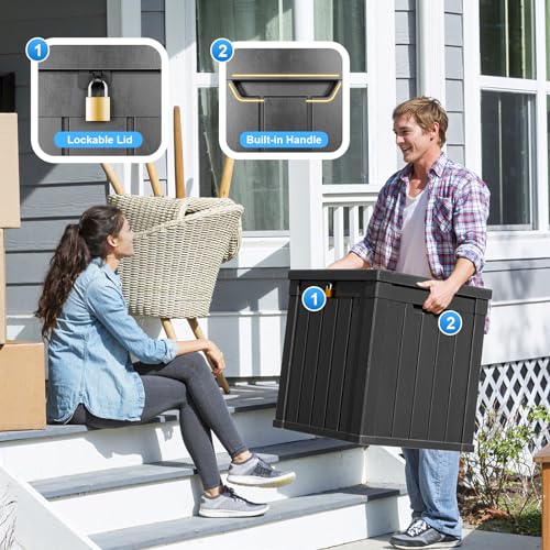 Image of 80 Gallon Deck Box for Outdoor Storage - Waterproof, Lockable, and Doubles as Extra Seating - Perfect for Patio Furniture, Cushions,and Garden Tools (BLACK)