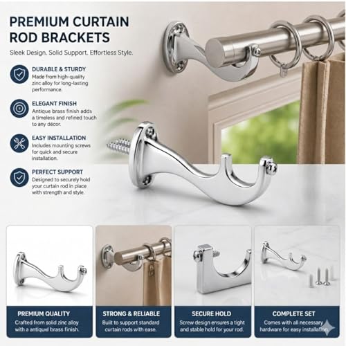 Image of Elite Aluminum Curtain Rod Brackets - Heavy-Duty Wall Mount Clamps for Curtain Rod Support for Door and Window Curtain Rods with Screw and Wall Plug - Pack of 2PCS (Royal Chrome Silver)