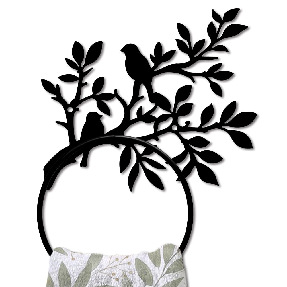 MAYJOYDIY Branches Limb Metal Towel Ring Bird Animal Towel Holder for Wall Leafy Plants Towel Ring Black Plant Towel Rack Wall Mounted for Bathroom Kitchen Towel Hanger Home Decors Gift