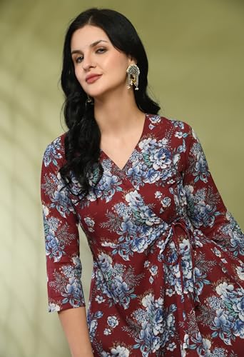 Image of feranoid Floral Print Angrakha 3 Sleeves Flared Kurti