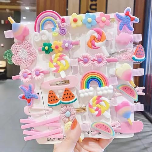 Image of Giggles Boo 28 Pcs Korean Style Hair Clips Set for Girls & Kids | Cute Rainbow, Fruit, Flower & Unicorn Designs | Metal Tic Tac Pins for Toddlers & Women | Pink, Purple, Yellow (2 Random Pack)