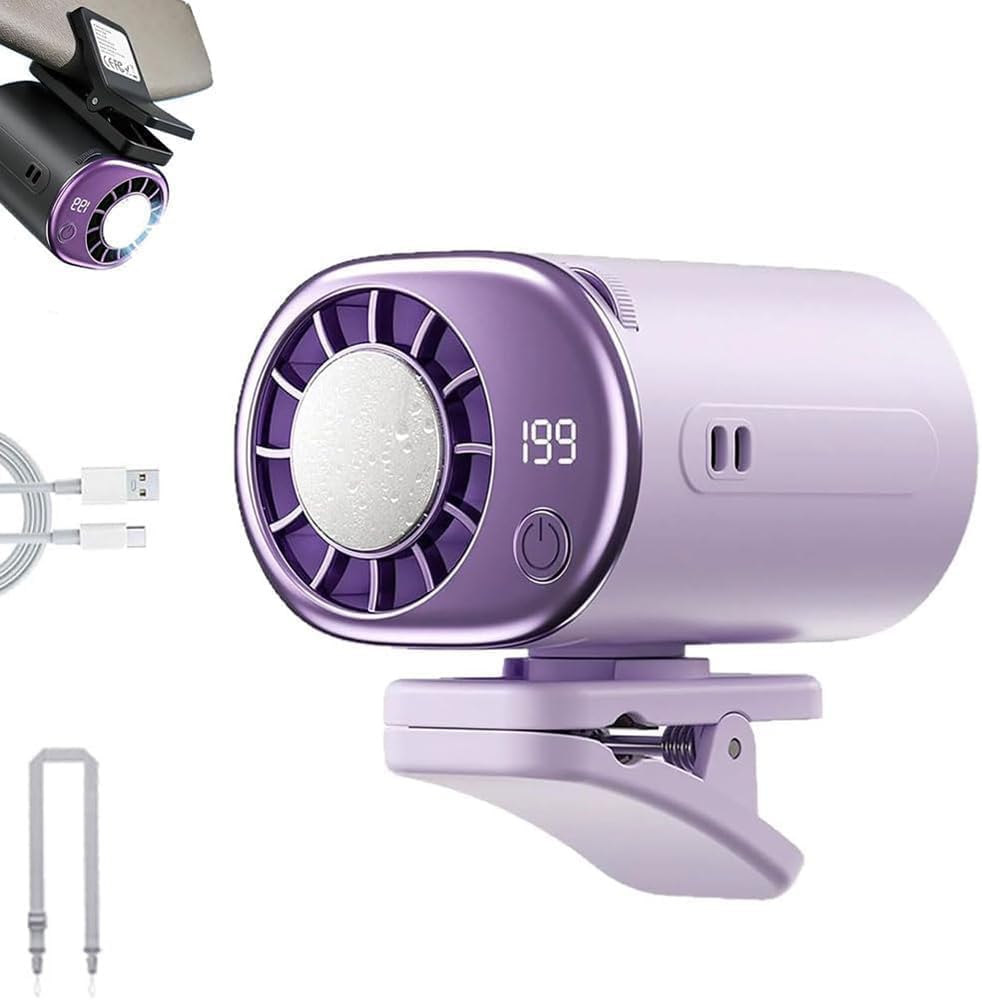 ypsdfs Portable Fans Rechargeable, 16℃ Cooling Car Air Conditioner & 360° Rotation Clip On Fan for Desk Camping,Purple