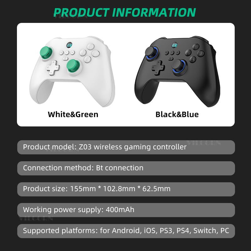 Product Information image showing specifications for the VILCORN Z03 wireless gaming controller.