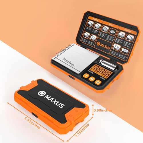Image of MAXUS Pocket Scale, 200g x 0.01g, with 50g Calibration Weight and USB Cable | Digital Gram Scale, 6 Units, Backlit LCD, Stainless Steel Platform, Rubber Edges, for Jewelry, Coins, Powders, Food or Gems