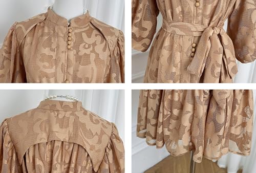 LAI MENG FIVE CATS Women's Lace Floral Puff Sleeve Ruffle Hem Stand Collar Button Loose Mini Dress4