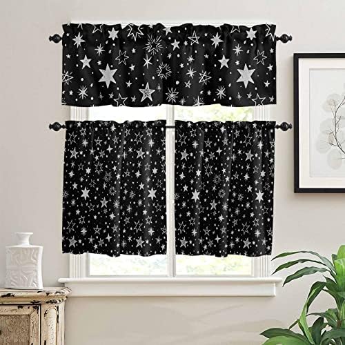 Kitchen Curtains and Valances Set 24 Inches, Star Black Background Blackout Rod Pocket Kitchen Curtain Valance and Tiers Set for Half Cafe ...