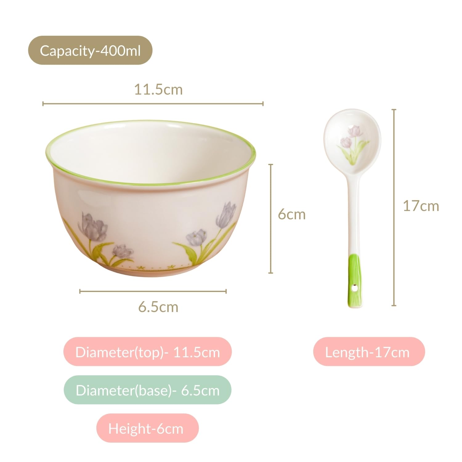 Nestasia Set of 4 Ceramic Soup Bowl with Spoon (400ml) - Microwave Safe Bowl for Serving Soup, Curry, Dal, Custard, Kheer & Dessert | Floral Design Bowl Set Perfect for Gifting & Daily Use 4