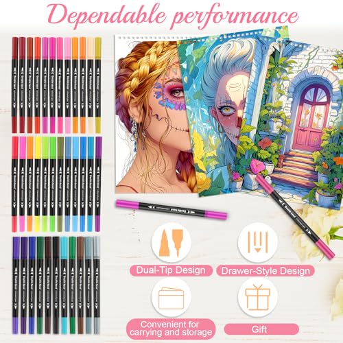 Image of 3Pcs Coloring Book for Women Relaxation, 72 Patterns Spiral Bound Mindfulness Coloring Books for Adult with 36 Dual-tip Markers, Dual Markers Brush Pens Stocking Stuffers Anxiety Relief Gifts-Portrait