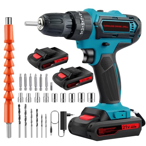 Kit de visseuse sans fil 21 V 2 batteries, 24 accessoires, couple 25+3, 2 vitesses, lumière LED pour bricolage à la maison et au jardin (bleu)