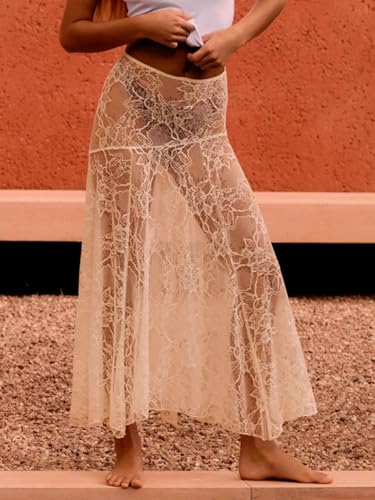 Cicy Bell Womens Summer Lace Maxi Skirt Elastic Waist See-Through Asymmetric Hem Beach Cover Up Long Skirt3