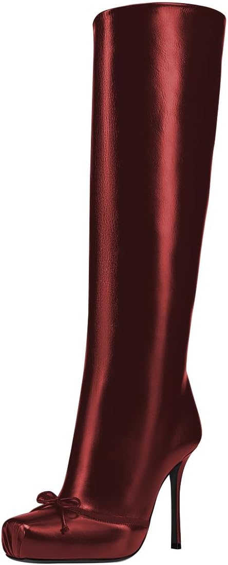 FSJ Women Modern Square Toe Knee High Boots Bow Ballet Stiletto High Heels Polished Leather Night Events Long Boots Size 4-16 US