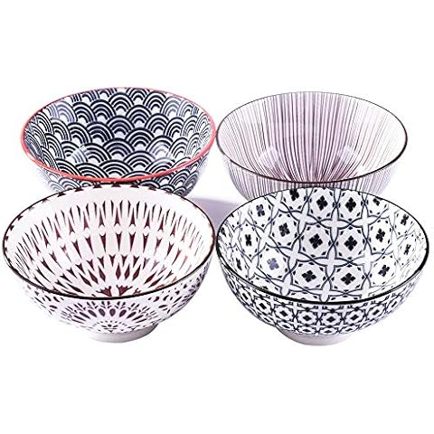 Set of 4 Rice Bowls, 4.5 Inch, Japanese Style Ceramic Rice Bowls, Glazed Tableware of Various Designs, Suitable for Dessert Snacks, Cereal Soup Cover