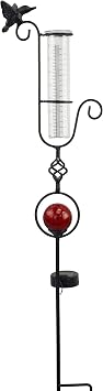 Red Carpet Studios Metal and Glass Rain Gauge, 35-Inch, Hummingbird, with Solar Light