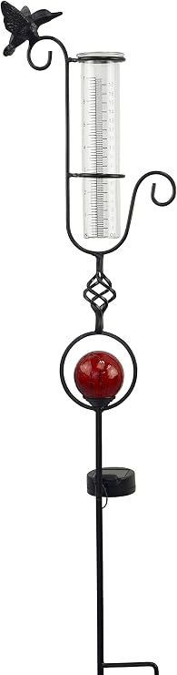 Red Carpet Studios Metal and Glass Rain Gauge, 35-Inch, Hummingbird, with Solar Light