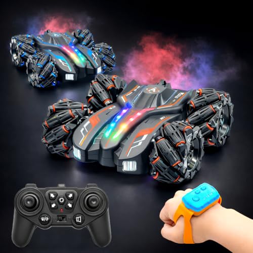 Image of VGRASSP 4WD Rechargeable Dual Control Stunt Drift Car Toy for Kids with Remote Control and Gesture Wrist Controller - 360 Rotating Double Sided RC Car with Mist Spray, Lights & Sound - Multicolor