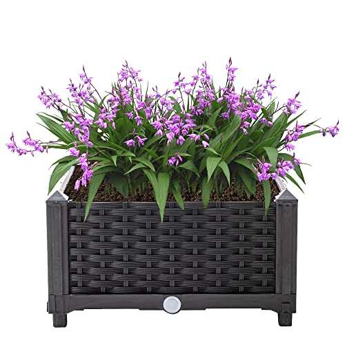 Mingone Blumenkübel Rattan Optik Blumenkasten mit Rankgitter Hochbeet mit Spalier Rankkasten mit Selbstbewässerung für Gärten Hof Balkon(Schwarz 40x40x23cm)