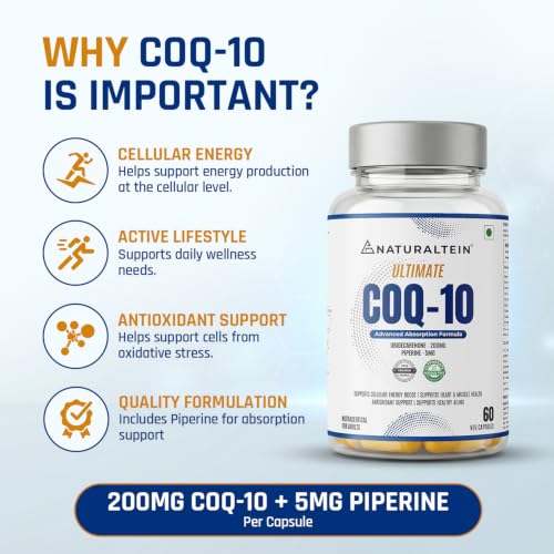 Image of NATURALTEIN Ultimate CoQ-10 200mg with Piperine 5mg | Enhanced Absorption | Supports Energy, Heart & Muscle Health, Antioxidant Support | 60 Veg Capsules