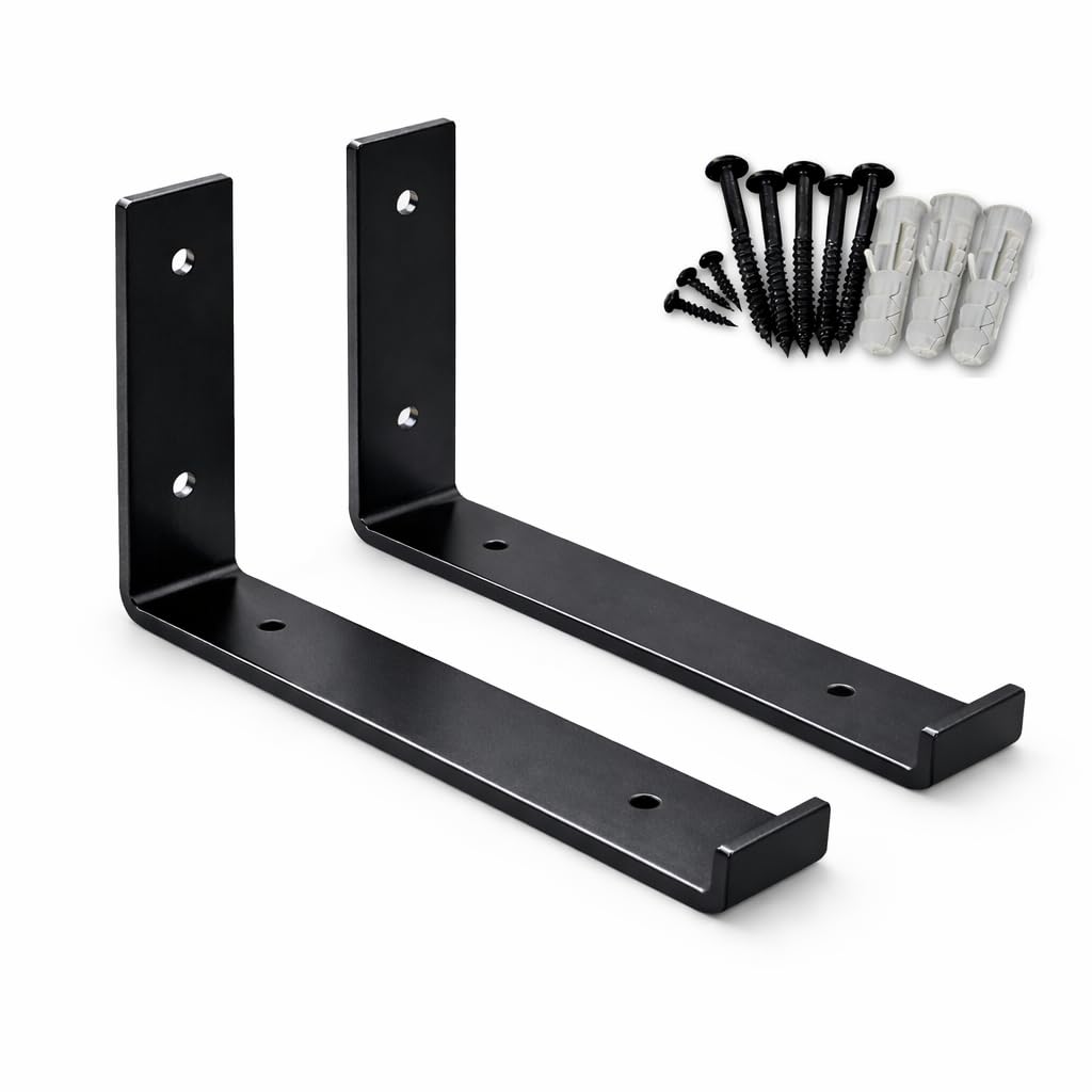 Mkgt Black Set Of 2 Heavy Duty Steel Shelf Brackets For Scaffold Board Shelving, 225Mm Wall Mounted Rustic Industrial Supports,